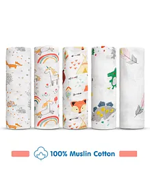 Zoe Cotton Muslin Multipurpose Swaddle Wraps Pack of 5 Animal Print- Multicolour
