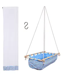 132 Baby's Wooden Hanging Swing Cradle Set with Mosquito Net - Blue