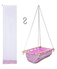 132 Baby's Wooden Hanging Swing Cradle Set with Mosquito Net - Pink