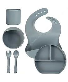 Baybee Tableware Silicone Suction Plate for Kids with 6pcs Baby Feeding Dinner Set - Grey
