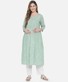 Aujjessa Three Fourth Sleeves All Over Ethnic Motif Printed & Flared Maternity Kurta With Concealed Zipper Nursing Access - Pista Green