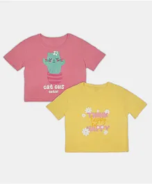 Chipbeys Pack Of 2 Half Sleeves Cat & Flowers Printed Tees - Pink & Yellow