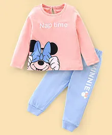Disney By Babyhug Cotton Knit Full Sleeves Night Suit with Minnie Mouse Print - Peach & Blue