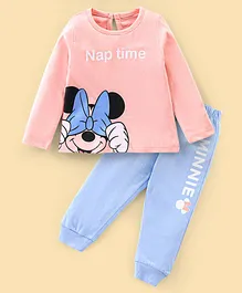 Disney By Babyhug Cotton Knit Full Sleeves Night Suit with Minnie Mouse Print - Peach & Blue