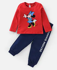 Disney By Babyhug Cotton Knit Full Sleeves Night Suit Minnie Mouse Print - Red & Navy Blue