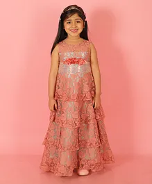 Lil Peacock Sleeveless Intricate Vintage Floral Designed & Lace Embellished Layered Gown - Dusty Pink