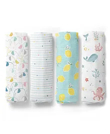 Haus and Kinder Cotton Muslin Swaddle Aloha Collection- White & Yellow