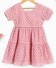 Charkhee Half Sleeves Cut Out Work Designed & Schiffli Embroidery Detailed Two Tiered & Flared Dress - Pink