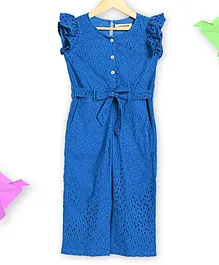 Charkhee Frill Cap Sleeves Cut Out Work Designed & Schiffli Embroidery Detailed Front Tie Up Jumpsuit - Blue