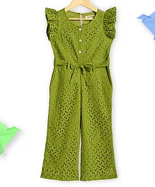 Charkhee Frill Cap Sleeves Cut Out Work Designed & Schiffli Embroidery Detailed Front Tie Up Jumpsuit - Green