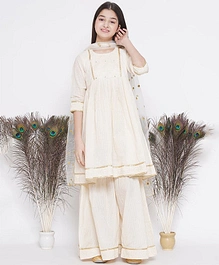 Little Bansi Three Fourth Sleeves Striped Thread Work Dress Style Floral Embroidered Lace Tape Embellished Kurta & Sharara With Dupatta - Cream