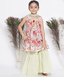 Little Bansi Sleeveless Dress Style Floral Rose Printed Lace Placket Tape Embellished Kurta & Sharara With Dupatta - Green