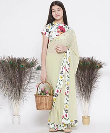 Little Bansi Half Sleeves Floral Printed Blouse With Ready To Wear Saree - Apple Green