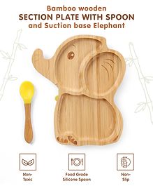 Elephant Shaped Bamboo Wooden 3 Compartment Section Plate with Spoon Suction Base - Beige & Yellow