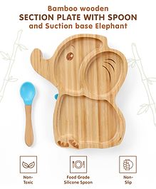 Elephant Shaped Bamboo Wooden 3 Compartment Section Plate with Spoon Suction Base - Beige & Blue