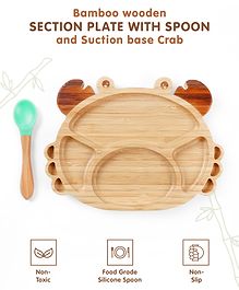 Crab Shaped Bamboo Wooden 2 Compartment Section Plate with Spoon Suction Base - Beige & Green