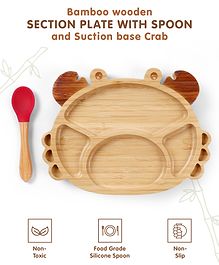 Crab Shaped Bamboo Wooden 2 Compartment Section Plate with Spoon Suction Base - Beige & Red