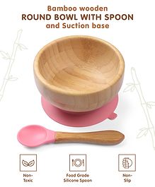 Bamboo Wooden Round Bowl with Spoon & Suction Base - Pink