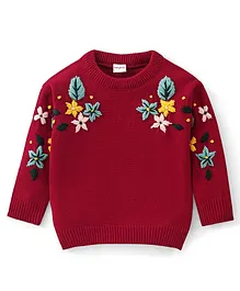 Babyhug Acrylic Knit Full Sleeves Sweater with Floral Design - Red