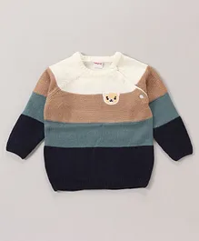 Babyhug Acrylic Full Sleeves Sweater Stripes Design With Bear Embroidery- Blue Brown & White