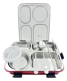 Sanjary 4 Grid Insulated Stainless Steel Lunch Box With Spoon Fork & Chopstik - 1000 ml