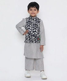 Ka Kids Stripes Kurta Pyjama Set With Floral Printed Jacket For Boys -BLACK