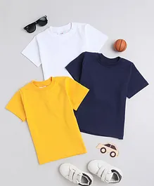 Knitting Doodles Pack Of 3 Pure Cotton Half Solid Tees - White, Blue & Yellow