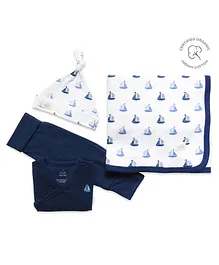 Masilo Organic Cotton Full Sleeves Sailboat Patch Embroidered Onesie With Cap Pant & Blanket - Navy Blue