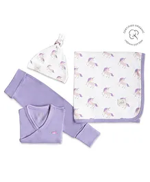 Masilo Organic Cotton Full Sleeves Rainbow Patch Embroidered & Unicorn Printed Onesie With Cap Pant & Blanket - Purple