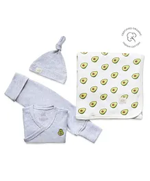 Masilo Organic Cotton Full Sleeves Avocado Patch Embroidered Onesie With Cap Pant & Blanket - Grey