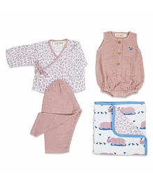 Masilo Organic Cotton Full Sleeveless Tiger Printed Onesie Top & Pajama With Muslin Blanket Set - Pink