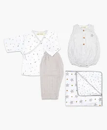 Masilo Organic Cotton Full Sleeveless Night Sky Theme Printed Onesie Top & Pajama With Muslin Blanket Set - Grey