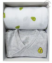 Masilo Organic Cotton Full Sleeves Avocado Hand Embroidered Motif Kimono Style Onesie & Printed Blanket Gift Set - Grey
