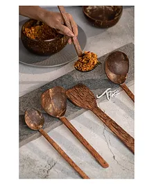 Thenga Traditional Coconut Shell & Wood Cooking Set Set of 5 1 Spatula 1 Large Spoon 3 Size Ladles - Brown