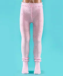 Mustang Cotton Full Length Footie Tights Floral Design - Pink