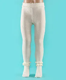 Mustang Cotton Full Length Footie Tights Floral Design - Offwhite