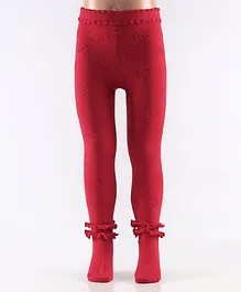 Mustang Cotton Full Length Footie Tights Floral Design - Red