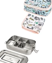 Taabartoli Stainless Steel 5 Section Bento Lunch Box with Dip Container Cover and Napkin Animal Print - Multicolor