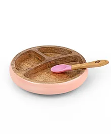 Taabartoli Wooden Round Plate with Silicone Suction and Spoon - Pink