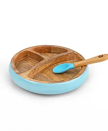 Taabartoli Wooden Round Plate with Silicone Suction and Spoon - Blue