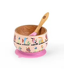 Taabartoli Anek Chidiya Wooden Suction Bowl and Spoon Set - Pink