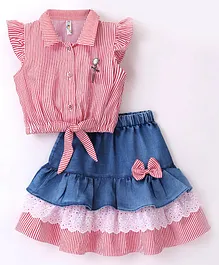 Enfance Cap Sleeves Pencil Striped & Bow Applique Frilled Skirt With Top - Red