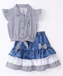Enfance Cap Sleeves Pencil Striped & Bow Applique Frilled Skirt With Top - Black