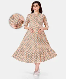 Mamma's Maternity Three Fourth Sleeves Damask Style Block Motif Printed Rayon Maternity Dress  - Orange