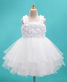Bluebell Satin DC Sleeveless Ruffle Detailing Flared Party Frock - White