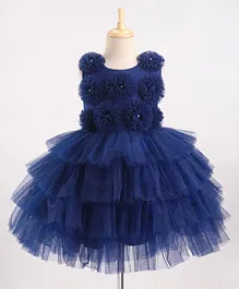 Bluebell Woven Sleeveless Party Frock with Net Detailing & Floral Corsage - Blue
