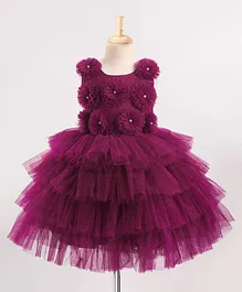 Bluebell Woven Sleeveless Party Frock with Net Detailing & Floral Corsage - Purple