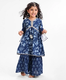 Teentaare Cotton Full Sleeves Kurta & Sharara Set With Dupatta Floral Print- Navy Blue