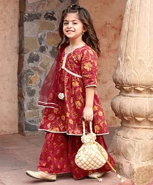 Teentaare Cotton Full Sleeves Kurta & Sharara Set With Dupatta Floral Print- Red