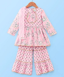 Teentaare Cotton Woven Full Sleeves Kurti & Sharara Set with Dupatta & Floral Print - Pastel Pink